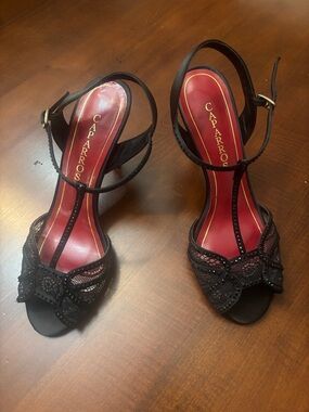 Caparros Black Lace T-Strap Heels with Red Insole